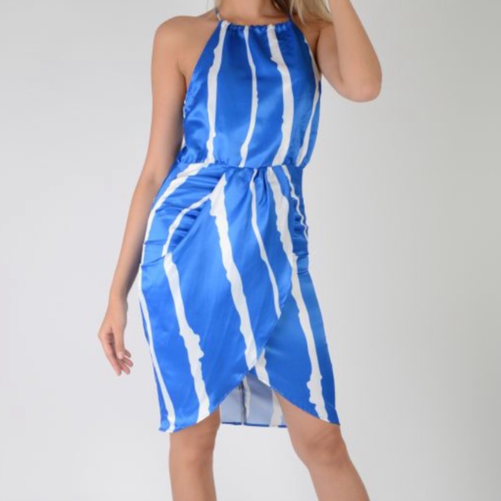 🎉Blue Wrap Around Dress with White Stripes!